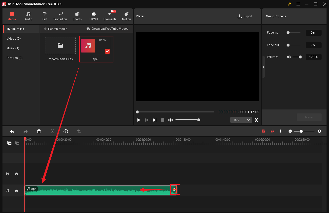 Trim the APE file in MiniTool MovieMaker