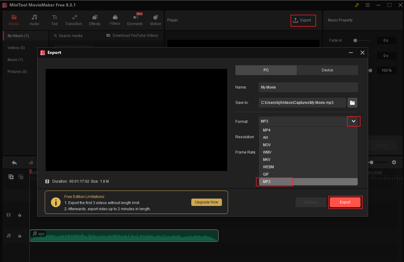 Set MP3 as the output format in MiniTool MovieMaker and export the audio file