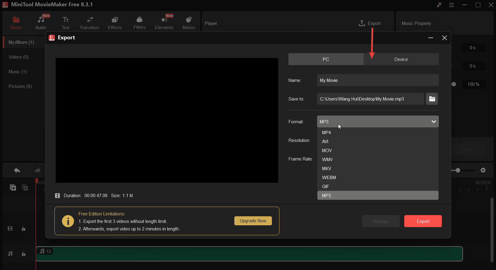 Export an MP3 file from MiniTool MovieMaker