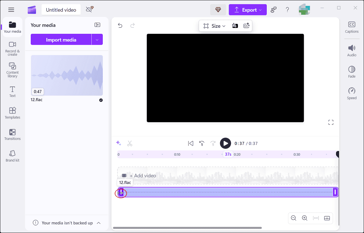 Trim the FLAC file in Microsoft Clipchamp