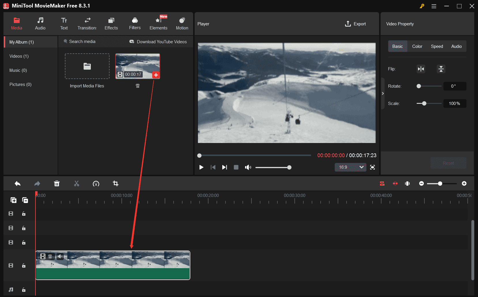 MiniTool MovieMakerに追加したクリップのプラス（＋）アイコンをクリックしてタイムラインに追加