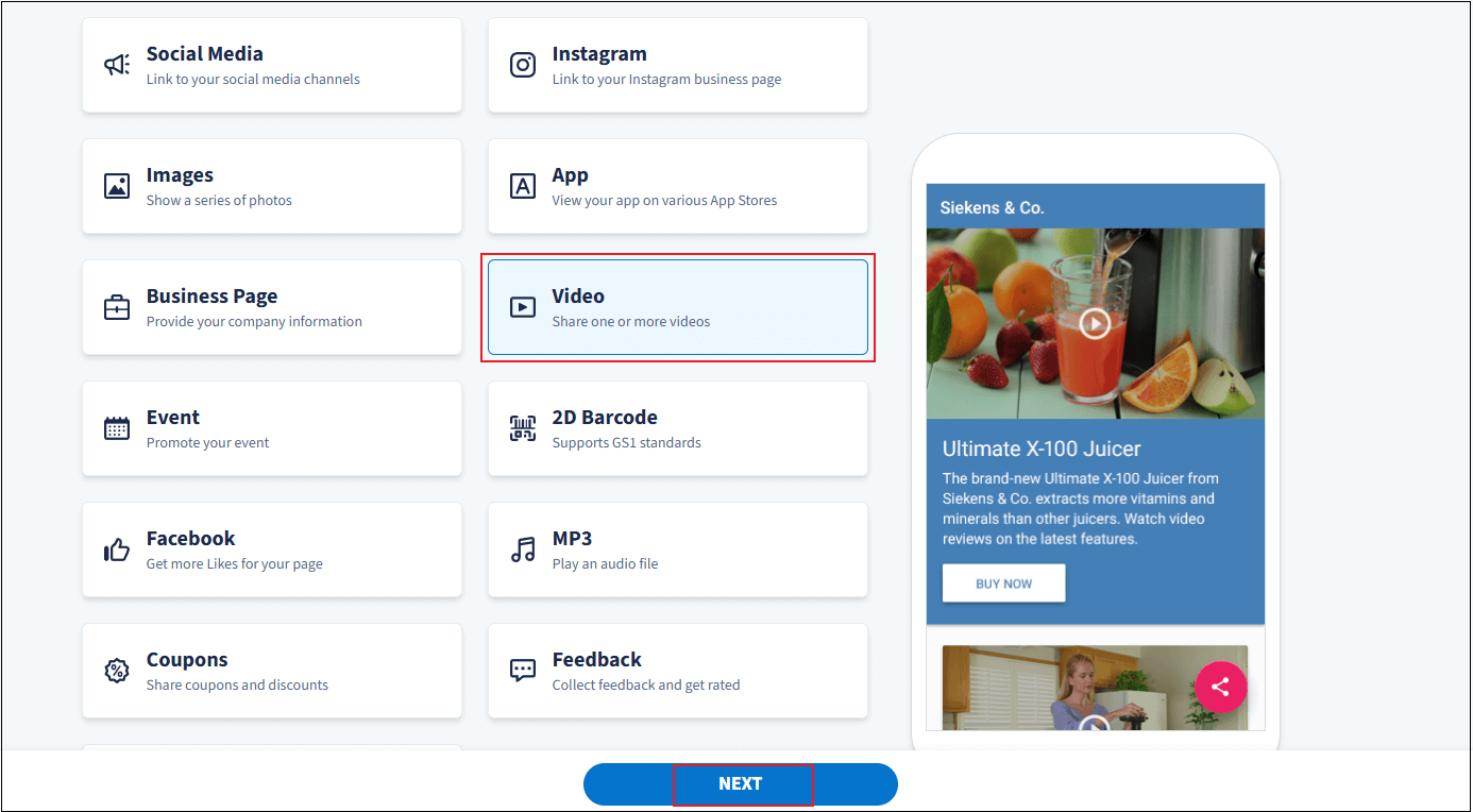 Choose the Video option and click the Next option in QR Code Generator