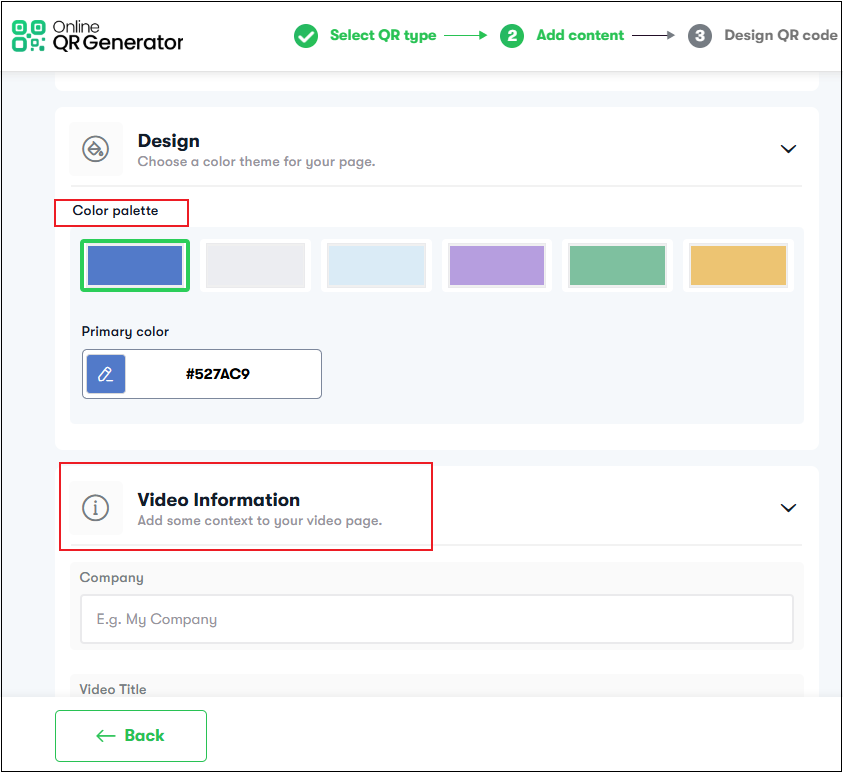 Choose a code color and add information for the QR page in Online QR Generator