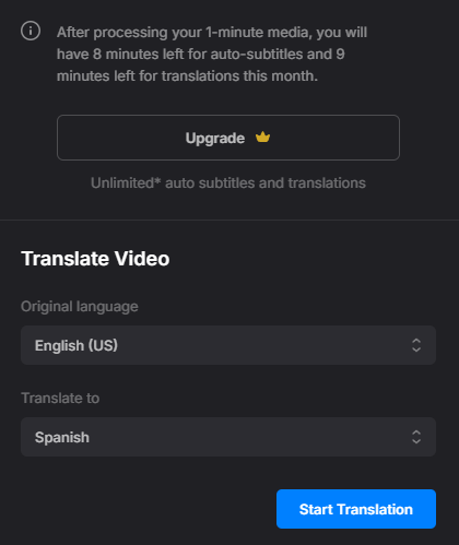 Klicken Sie in Clideo auf die Schaltfläche Übersetzung starten