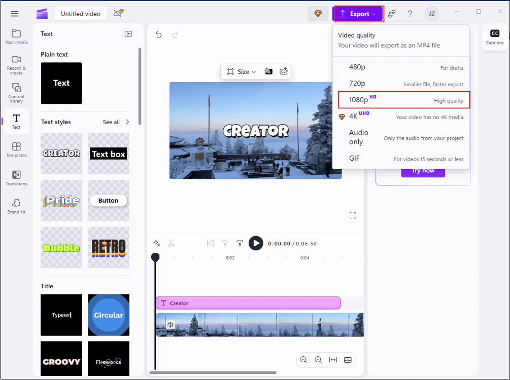 Choose an output resolution in Clipchamp and export the video