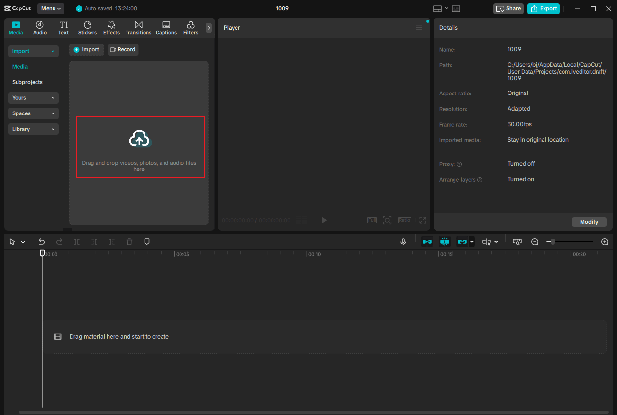 Click the Drag and drop videos, photos, and audio files here area to add the target video to CapCut