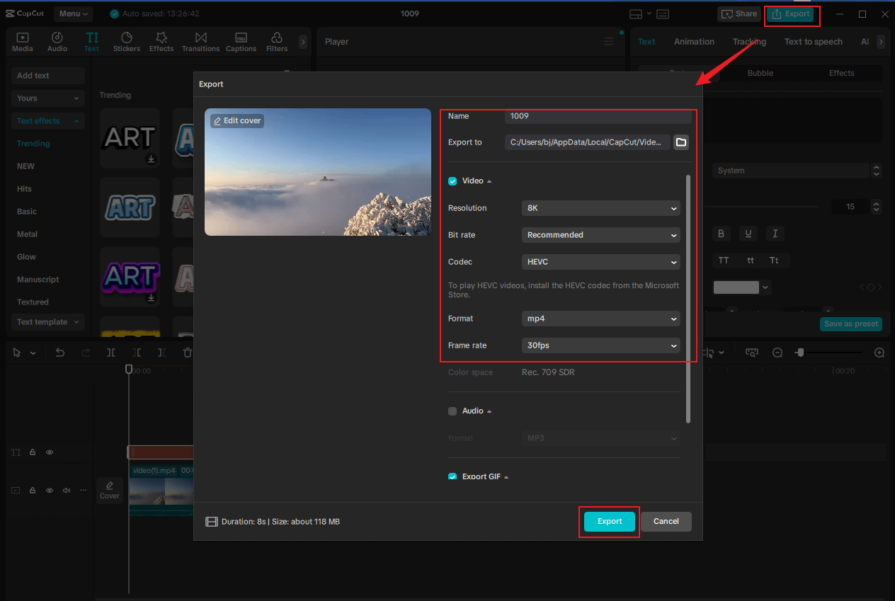 Configure the settings for the video and export it in CapCut