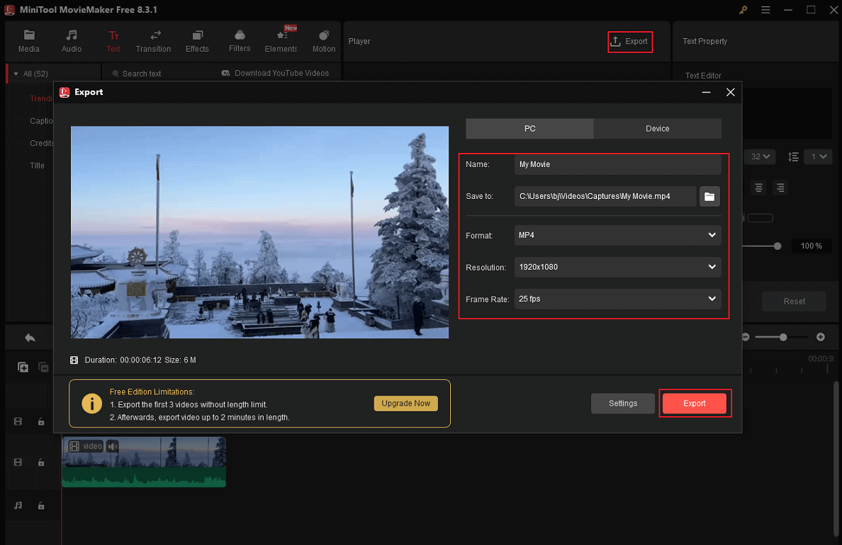 Configure the output settings and click on the Export button in MiniTool MovieMaker to save the video