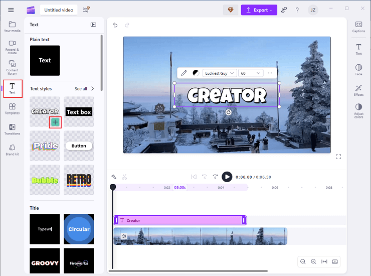 Choose and add the desired text style from the Text section to the video in Clipchamp
