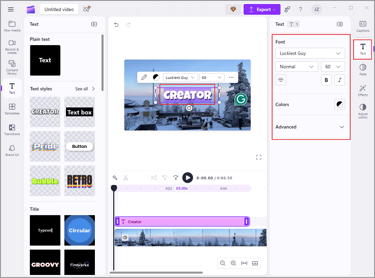 Adjust the text font, colors, etc., in Clipchamp