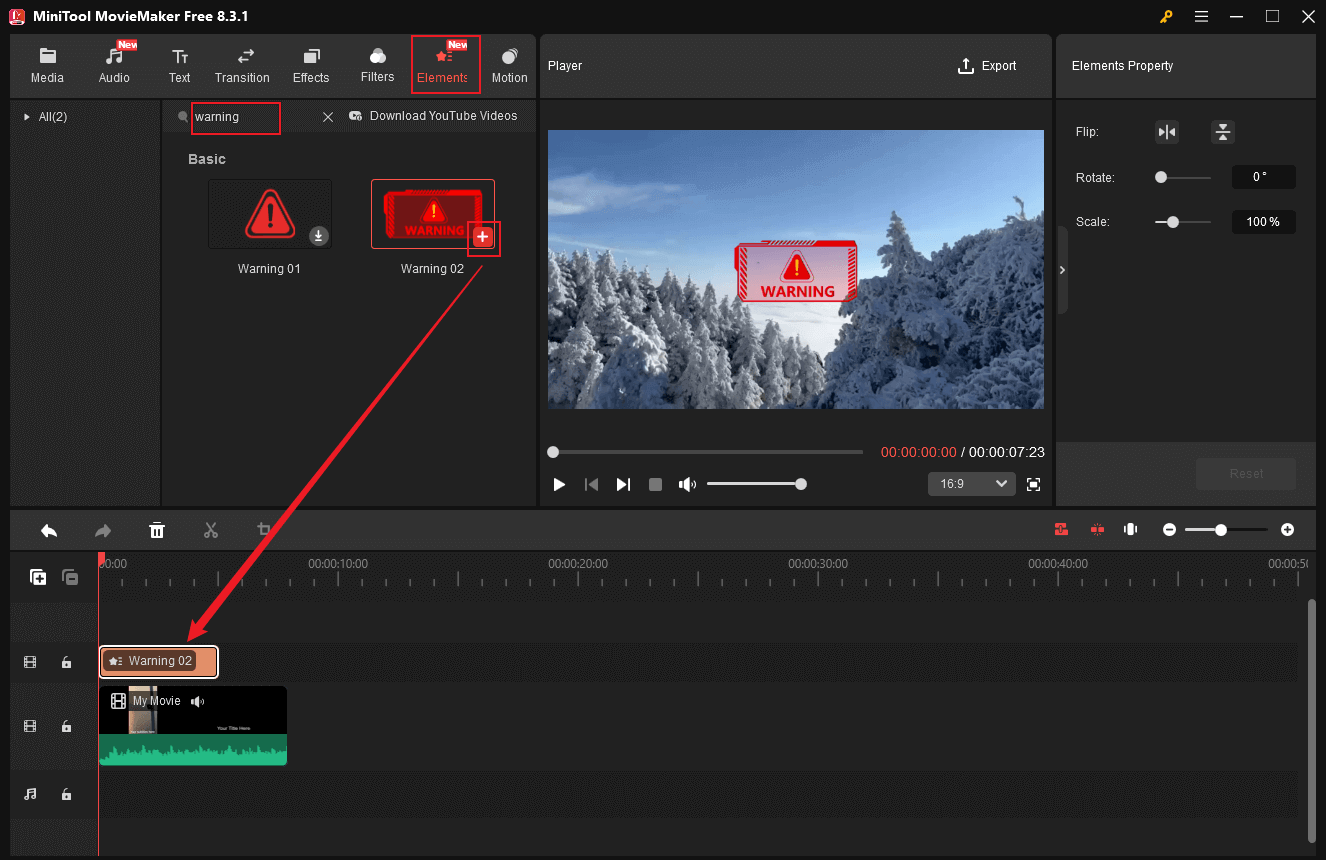 MiniTool MovieMakerで動画にワーニング要素を追加する