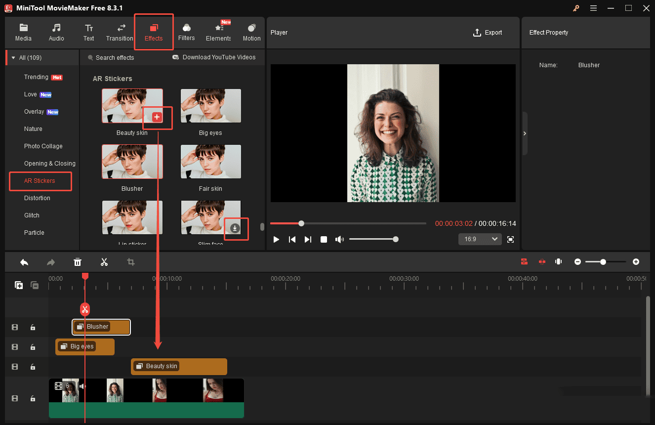 Click Plus to add AR Stickers to your video in MiniTool MovieMaker
