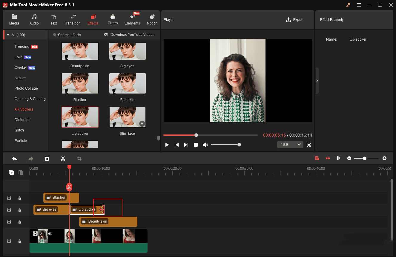 Hover your cursor over the edge of the beauty filter until the Trim icon appears to adjust its duration