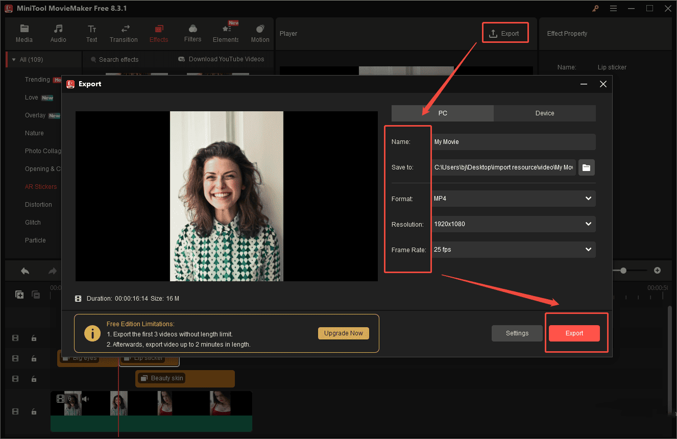 Click Export to customize the video properties to save to your computer