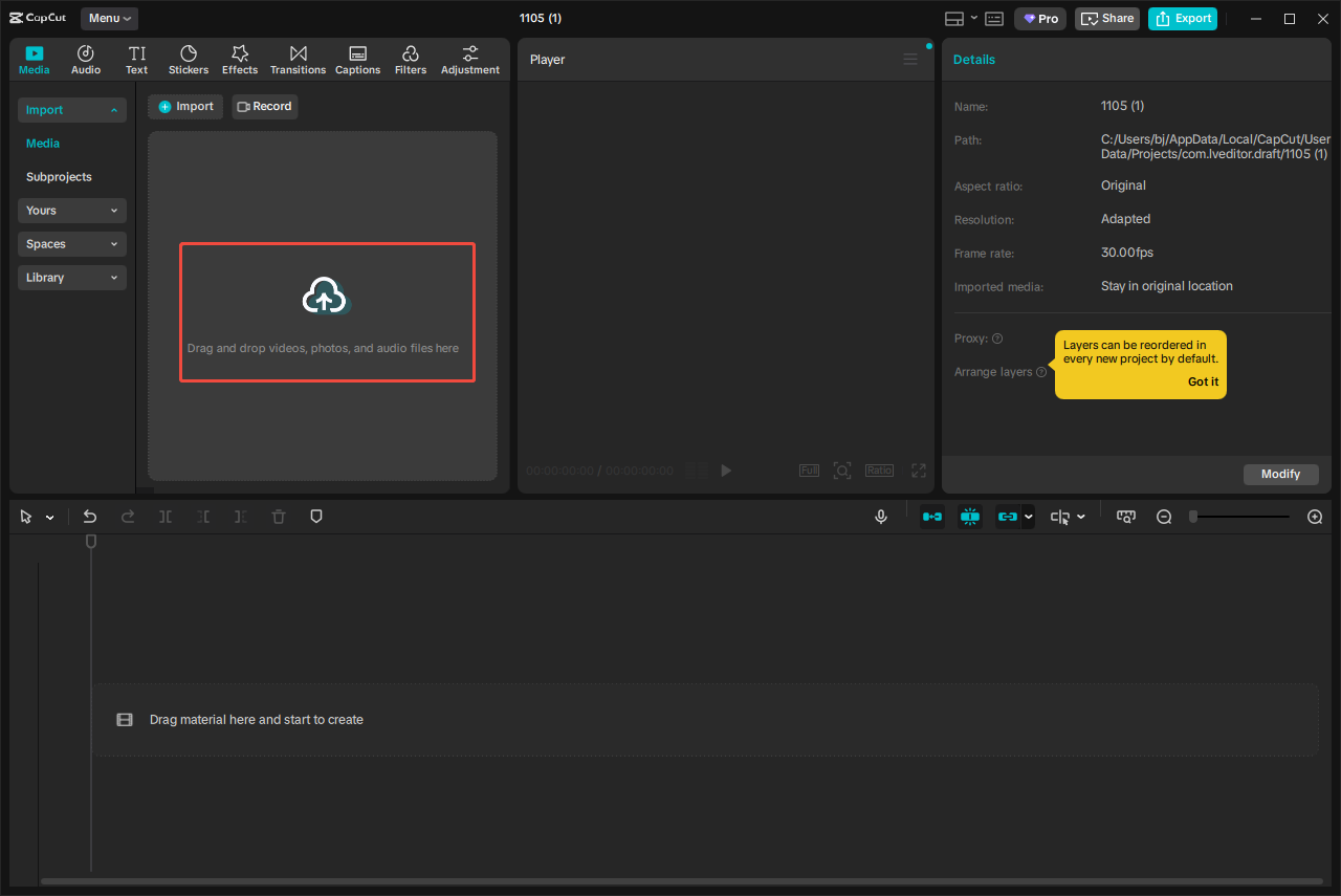 Click the Import icon to upload your videos in CapCut