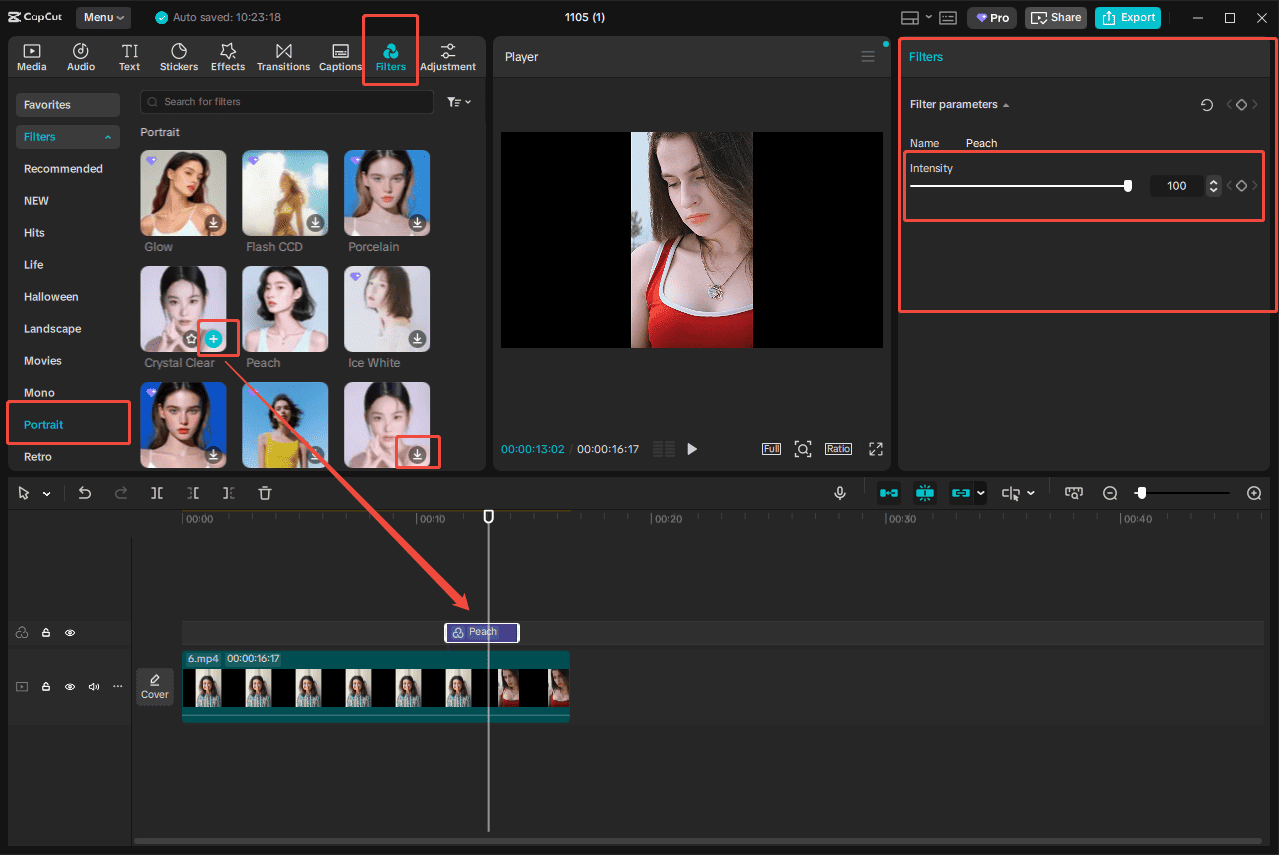 Click the Portrait tab to add the desired filter to videos in CapCut