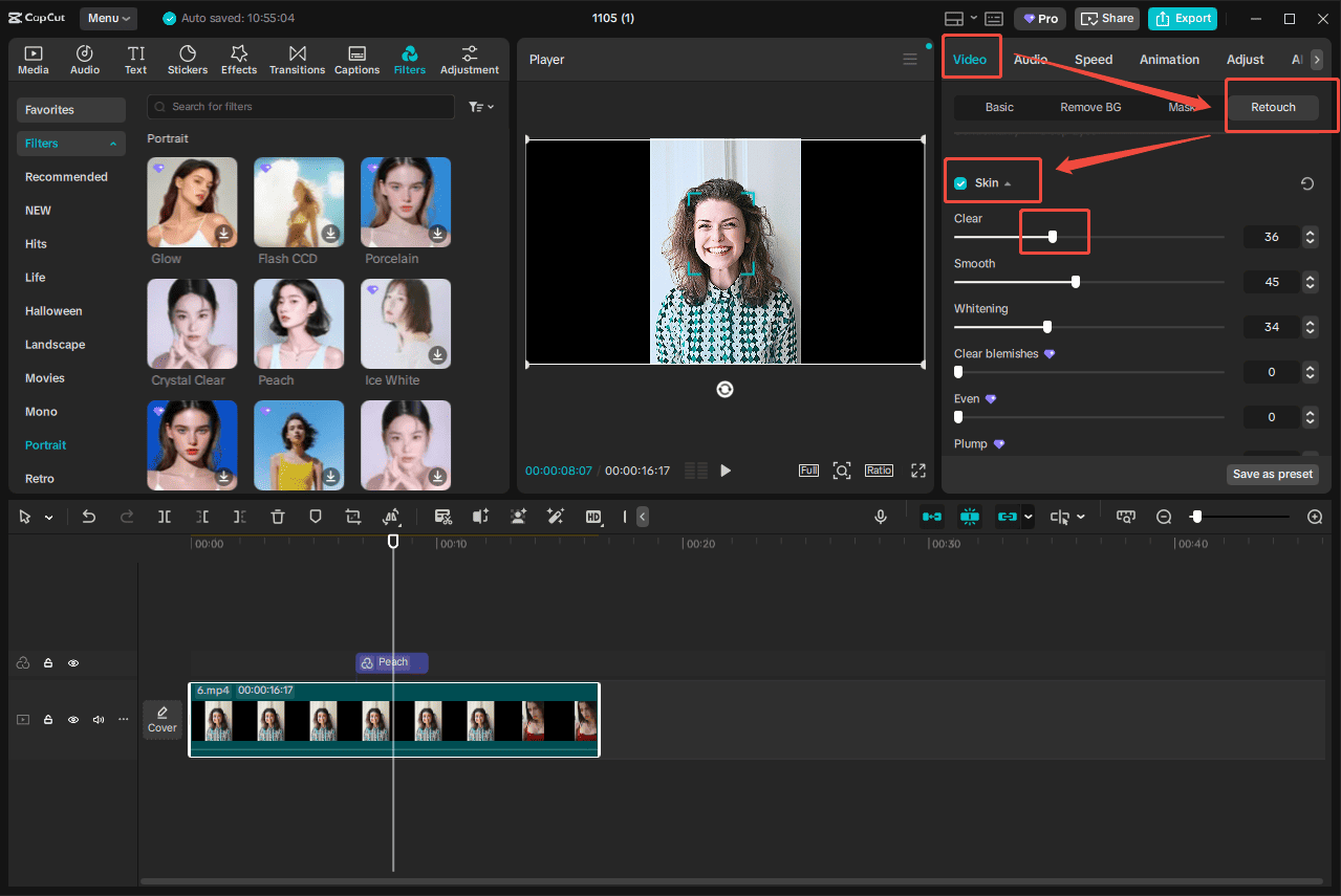 Click Retouch to adjust skin in video in CapCut