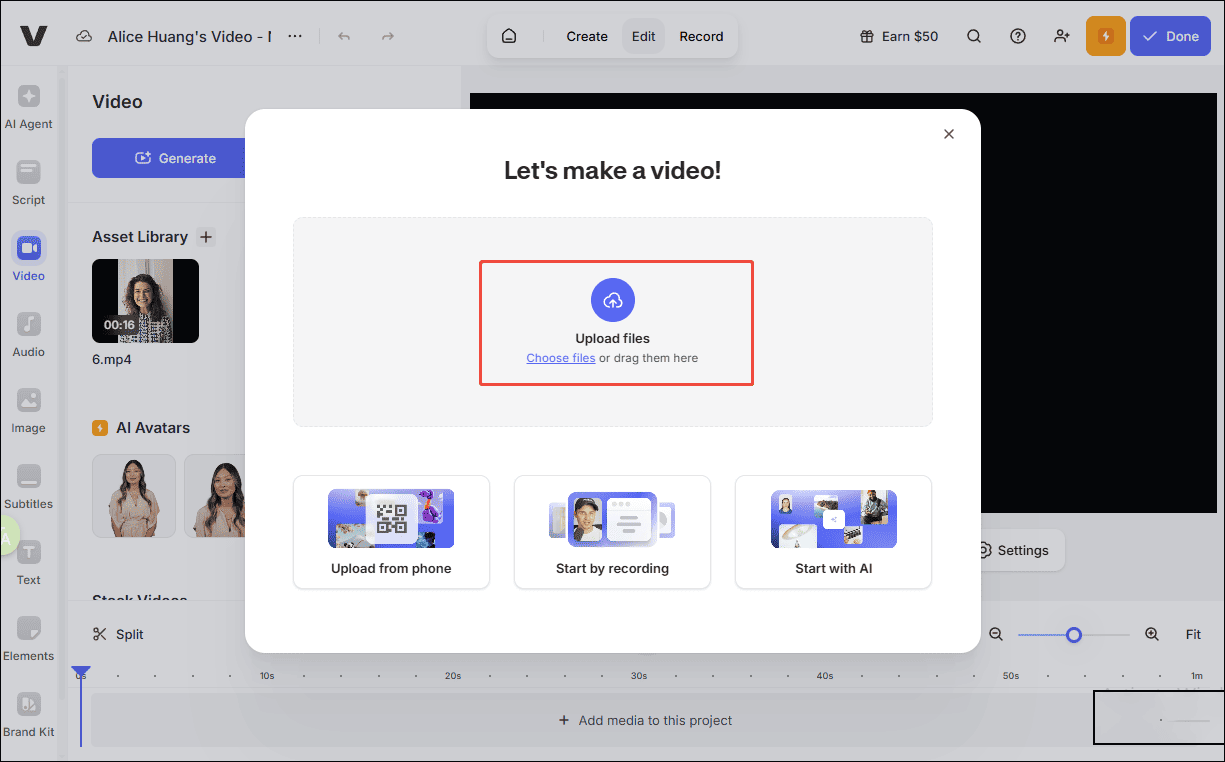 Click Upload file to import videos from your computer to VEED