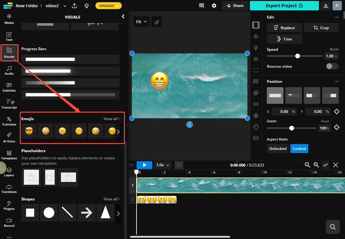 Click the Visuals tab on the left and select the Emojis category to select the desired emoji to add