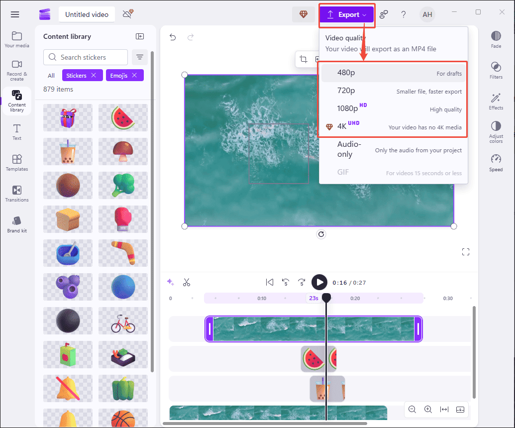 Click Export and select the preferred resolution to save your video to your computer