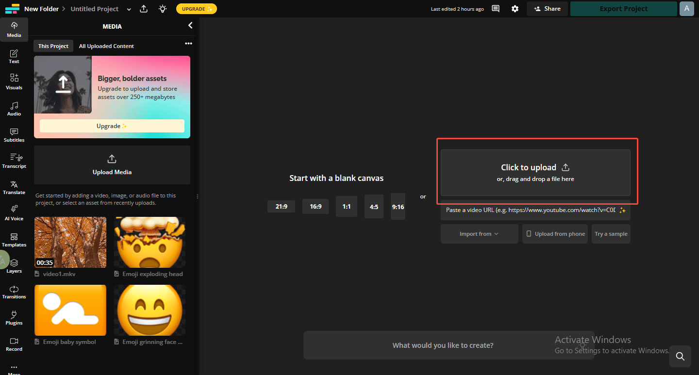 Hit Click to upload to upload your video in Kapwing