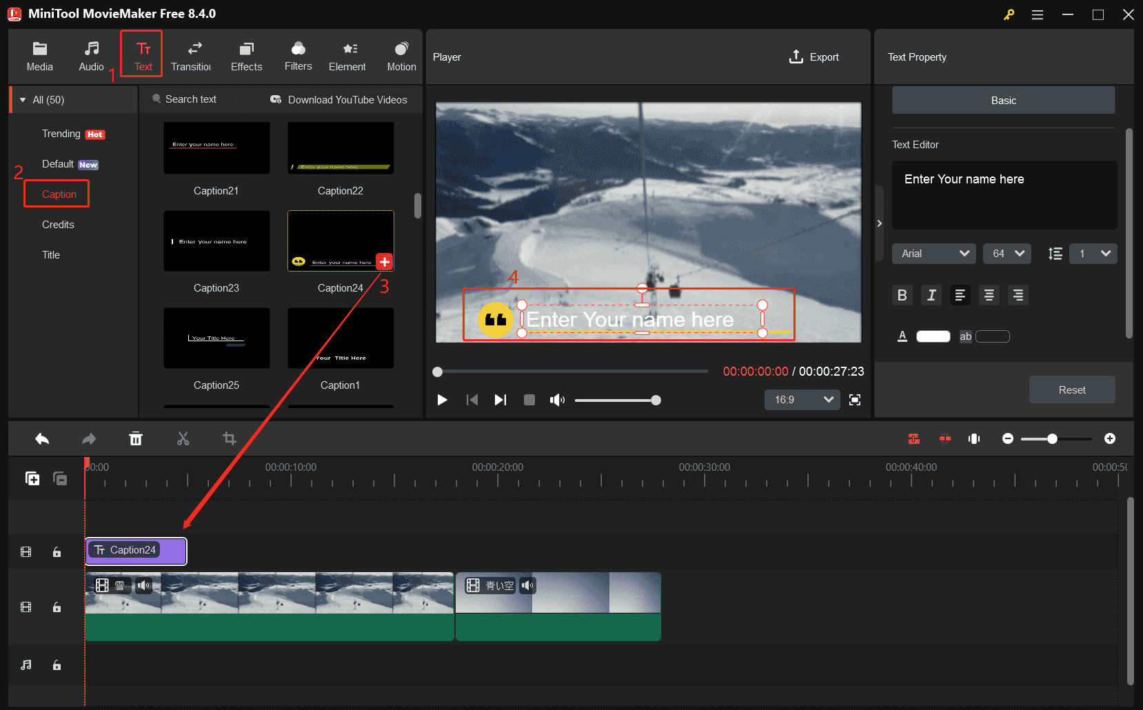 MiniTool MovieMakerのキャプションテンプレートをタイムラインにドラッグし、キャプションテンプレートをプレビューウィンドウの左下1/3に配置