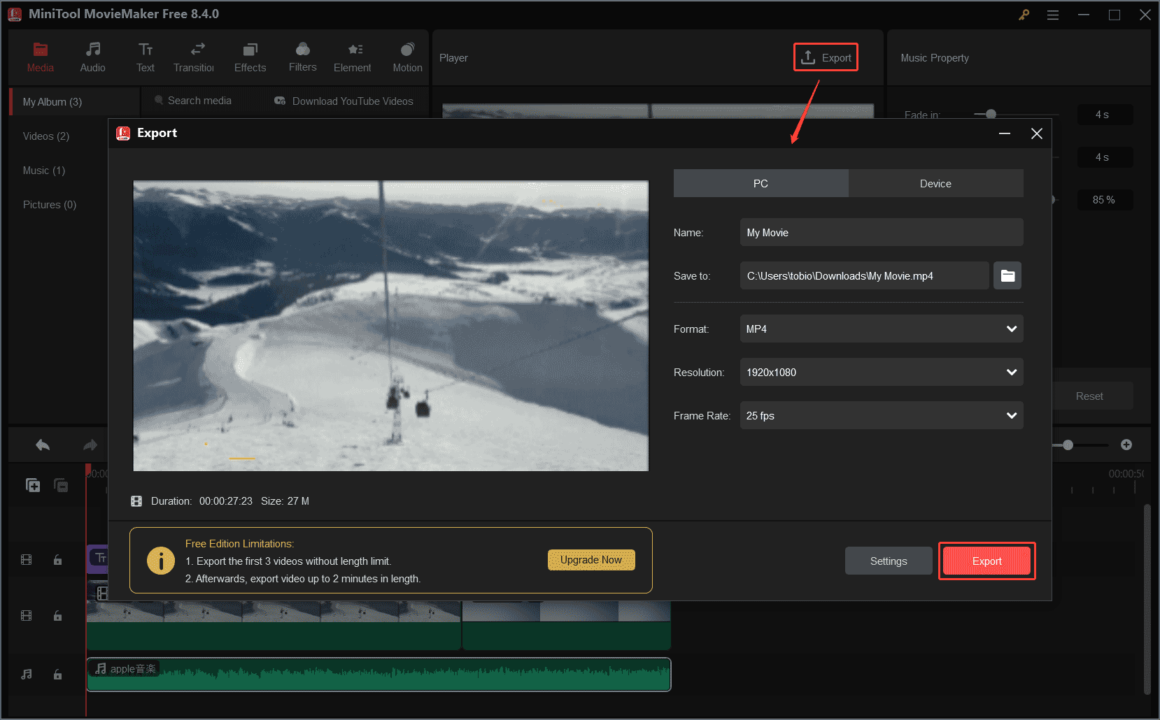 MiniTool MovieMakerの「Export」をクリックしてエクスポート形式、解像度、出力フォルダーなどを選択し、「Export」をクリックして動画のレンダリングを開始