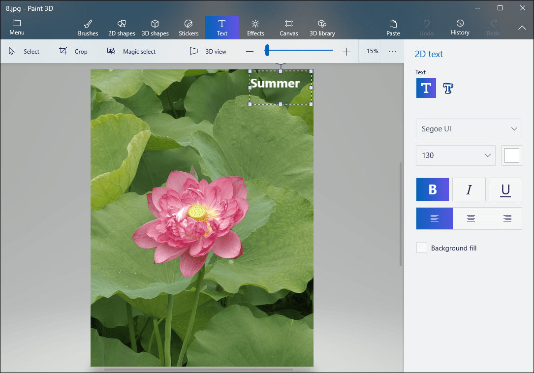 A lotus flower image overlayed with the summer word opened in the Paint 3D interface.
