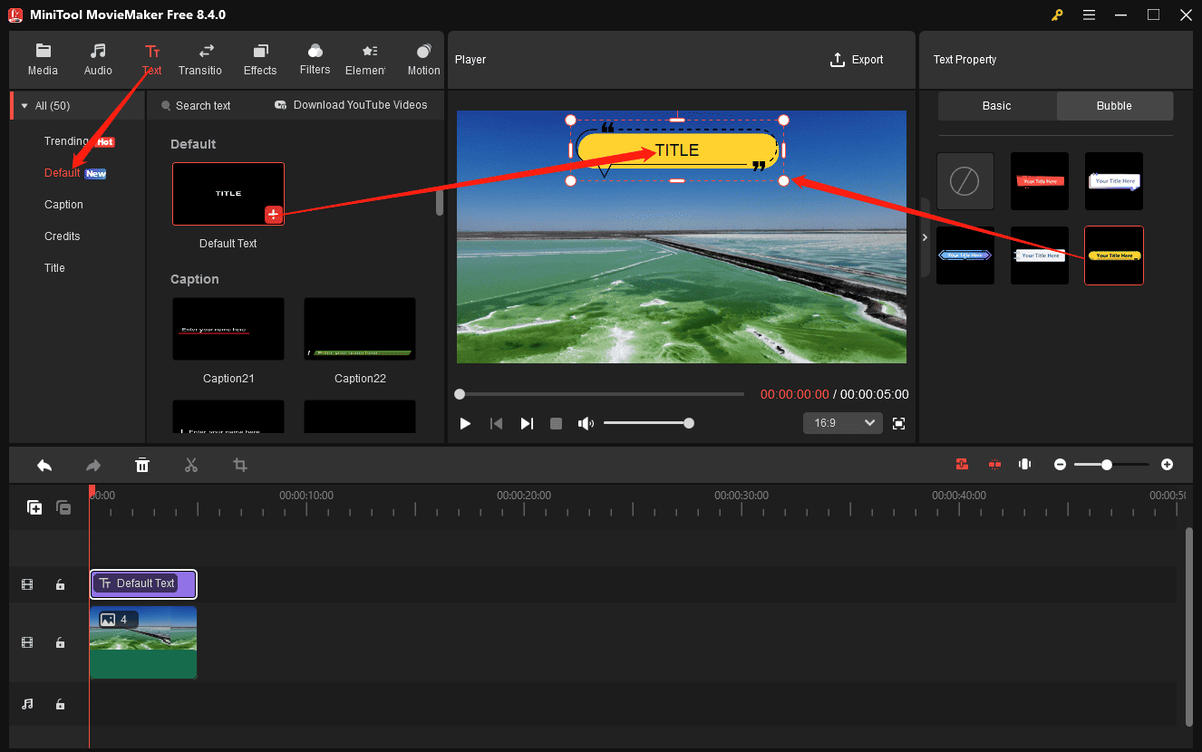 MiniTool MovieMaker interface that shows how to add a speech bubble to the photo.