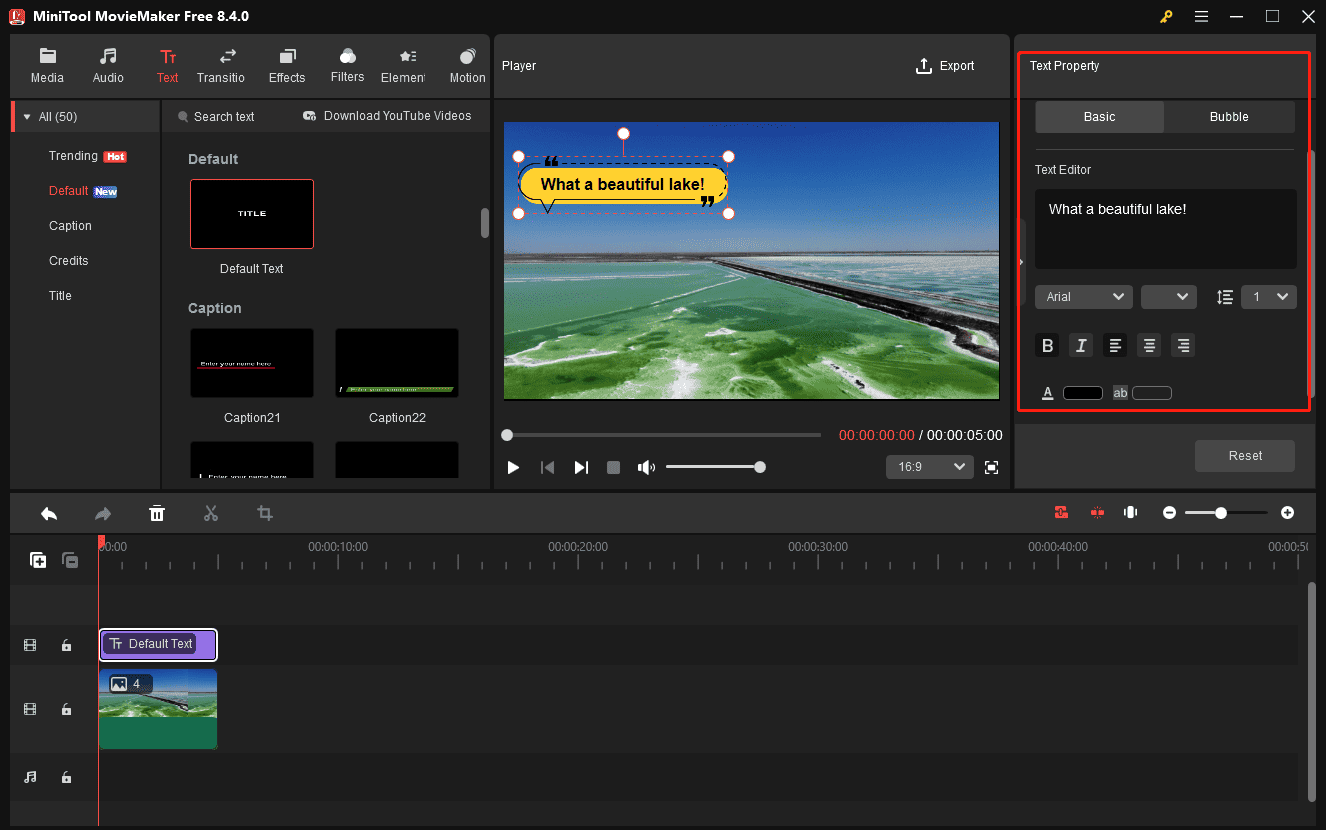 MiniTool MovieMaker layout with the selected Text Property area on the right panel.