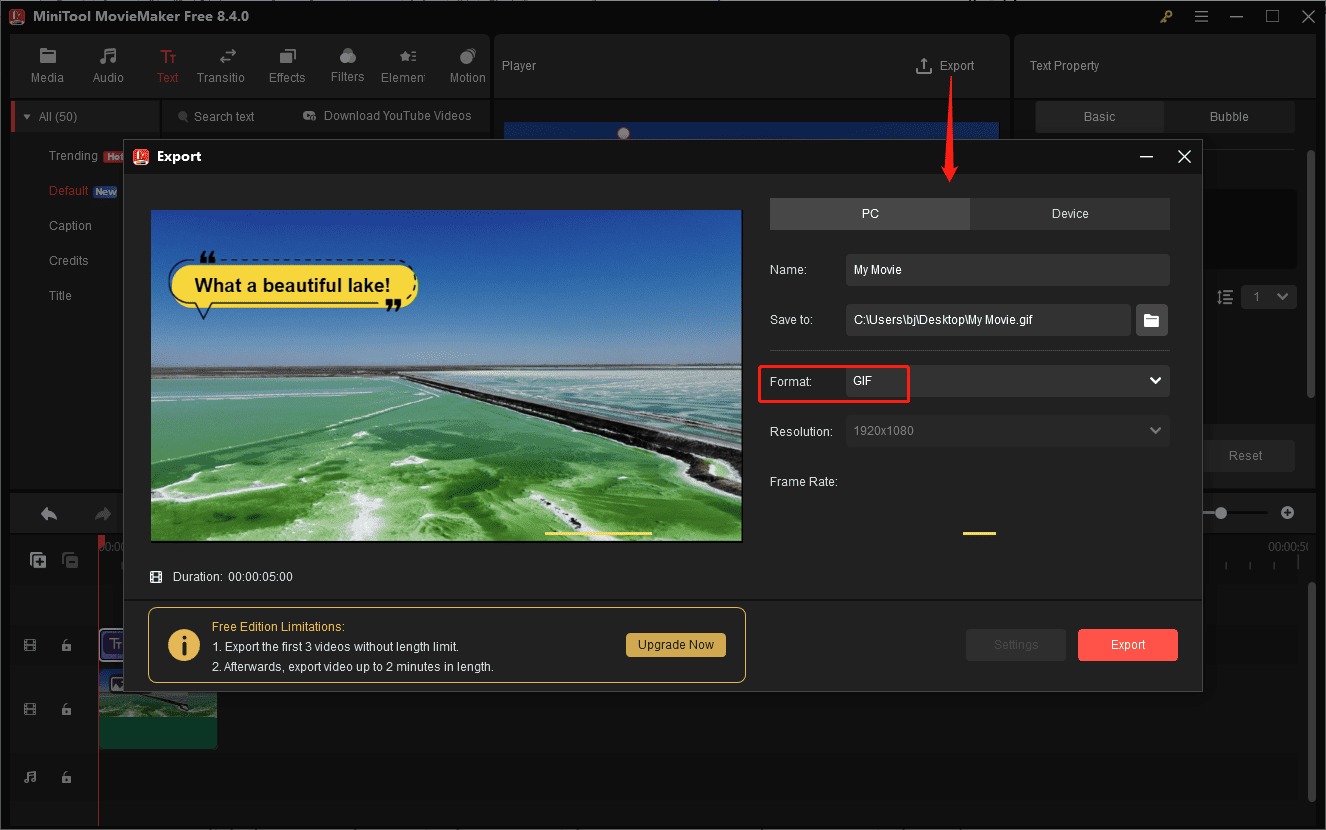 MiniTool MovieMaker Export window with the GIF format selected.