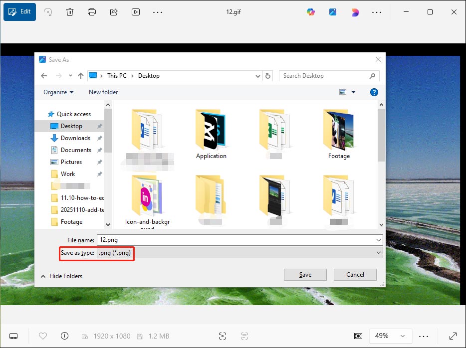 Photos Save As window with the Save as type set to PNG.
