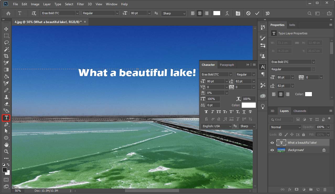Photoshop interface with the T icon selected on the left side and the Character window open.