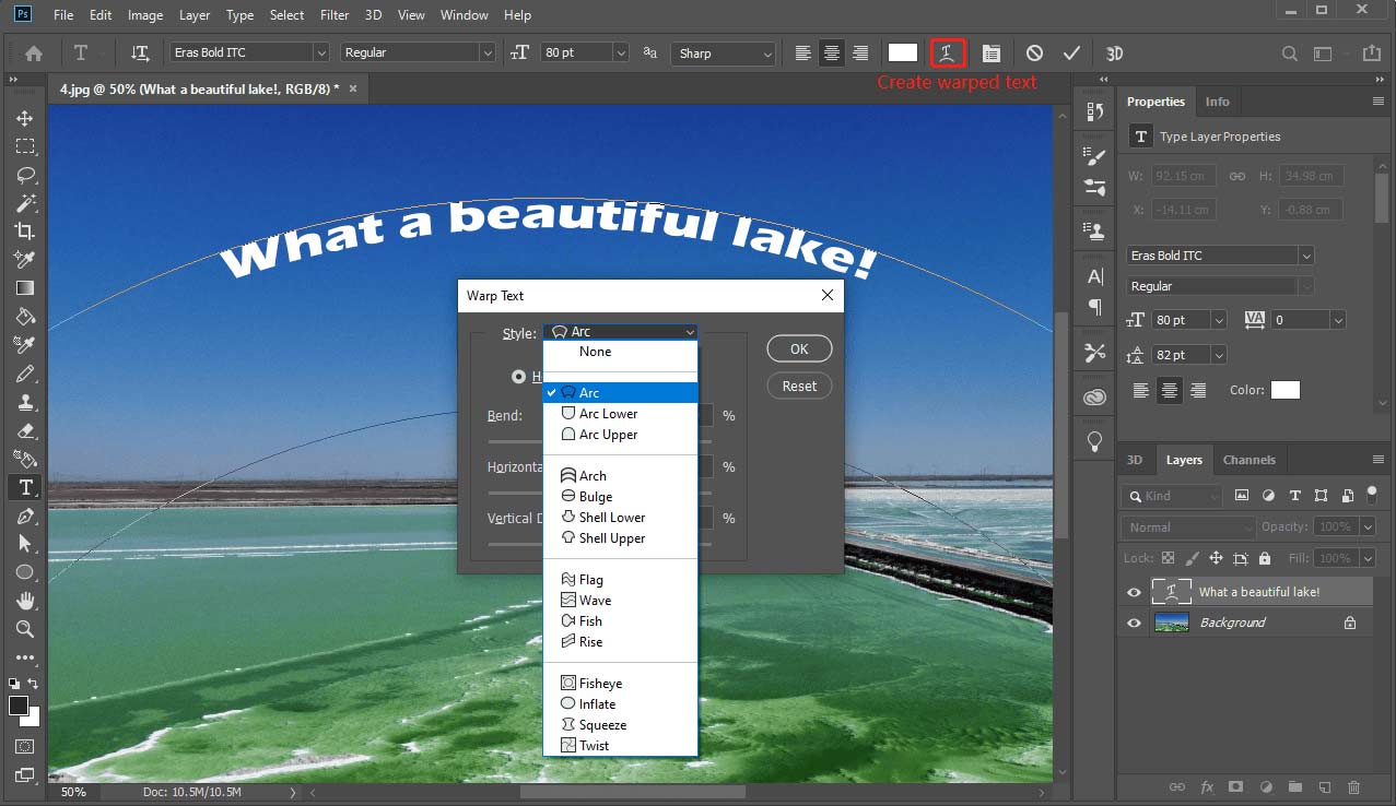 Photoshop interface with the Create warped text icon selected and the Warp Text window enabled.