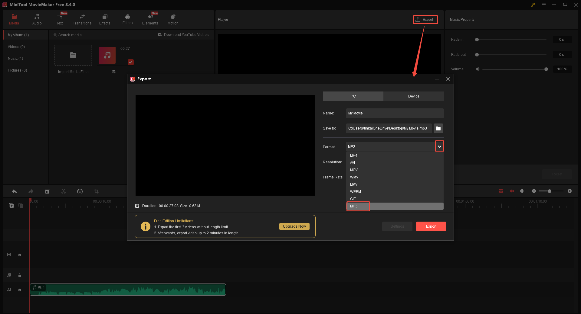 MiniTool MovieMakerでAPEファイルをMP3形式で出力する方法