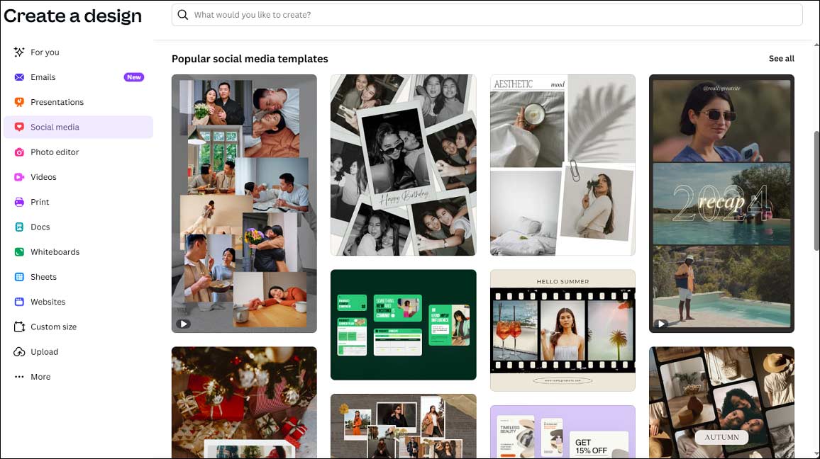 Canva Create a design window with popular social media templates.