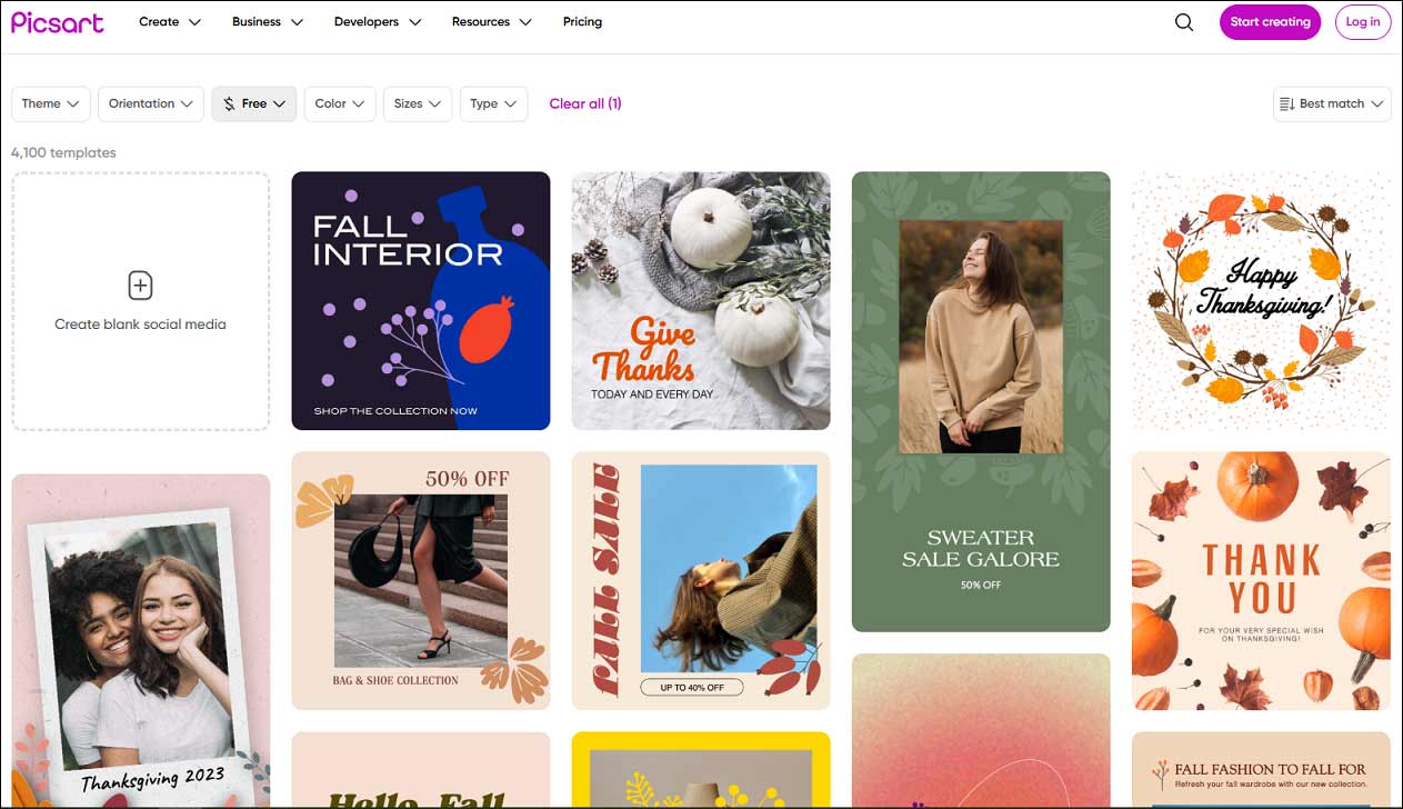 The social media template page of Piscart.