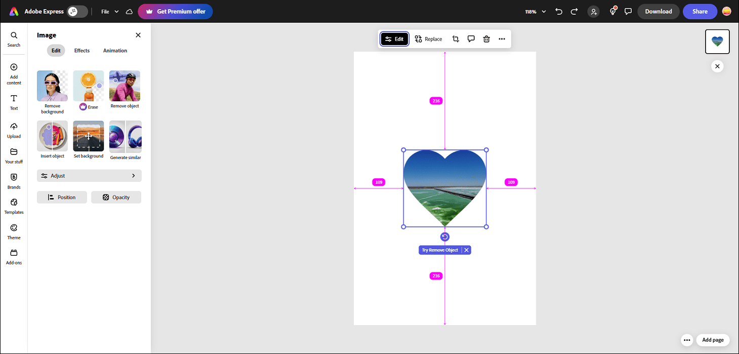 The main editing page of Adobe Express.