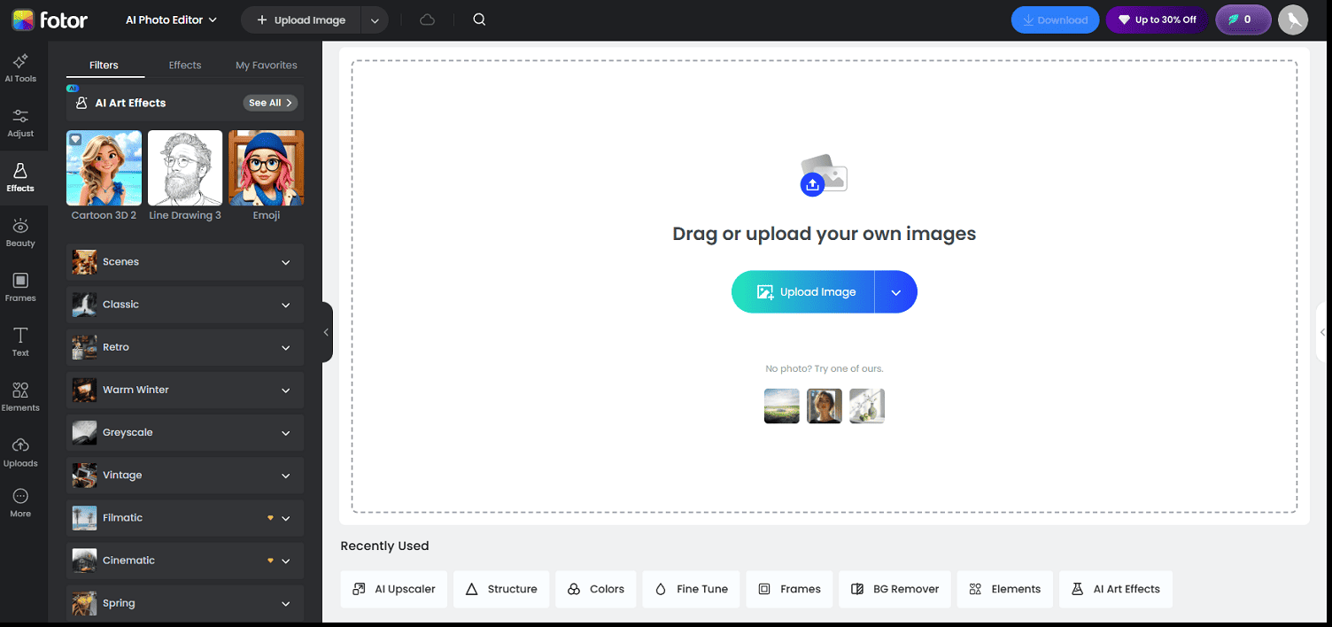 The photo editing page of Fotor.