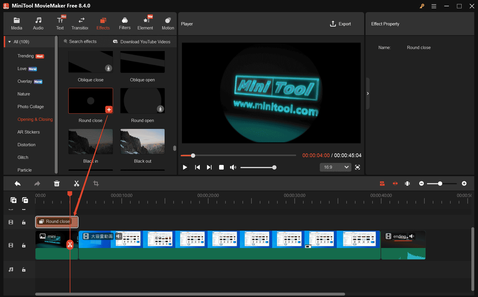 MiniTool MovieMakerの「Effects」タブから「Opening & Closing」を選択し、プラス（＋）アイコンをクリックして適用