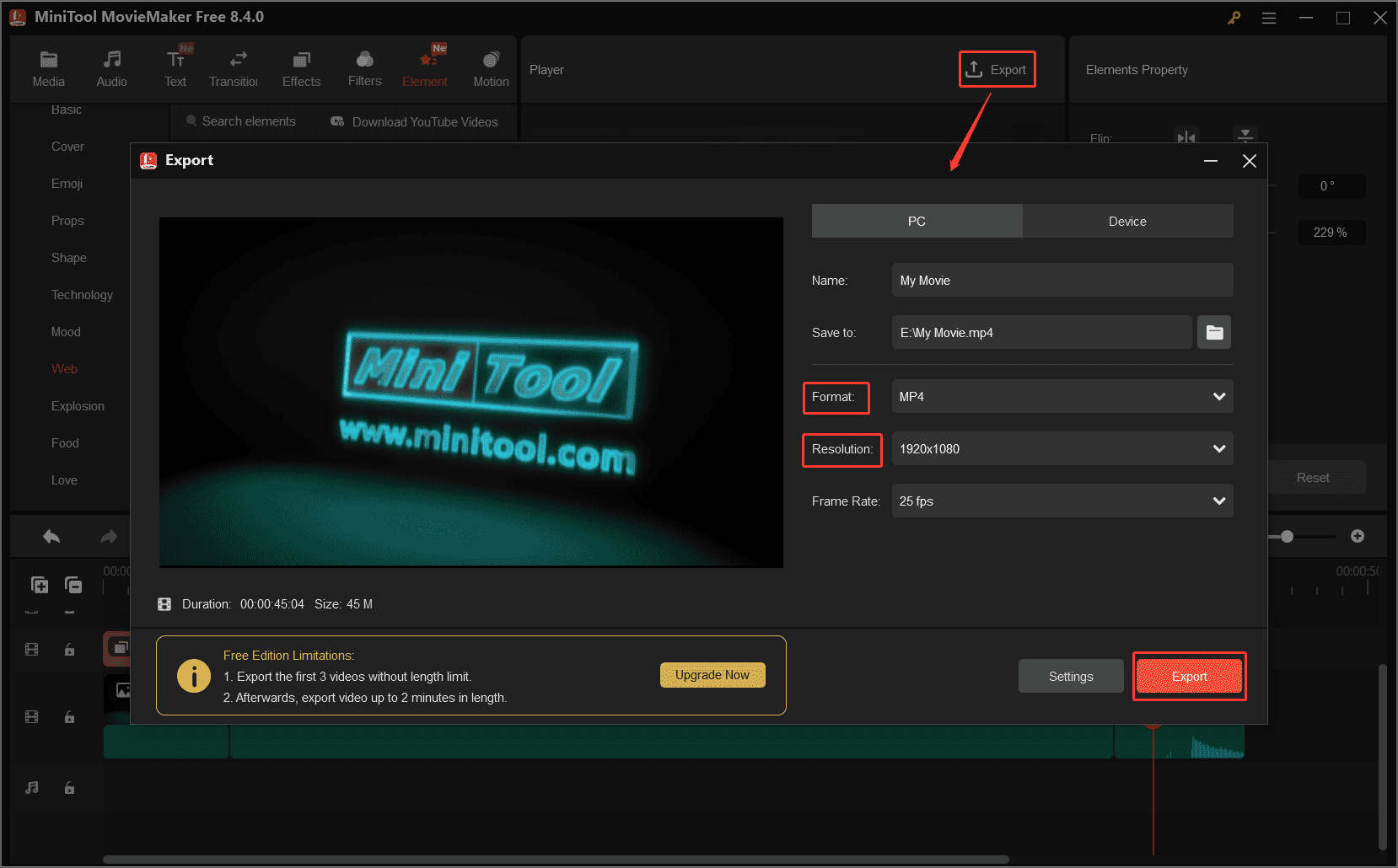 MiniTool MovieMakerで「Export」ボタンをクリックし、設定をカスタマイズしたら、「Export」ボタンをクリックしてトレーラーを保存