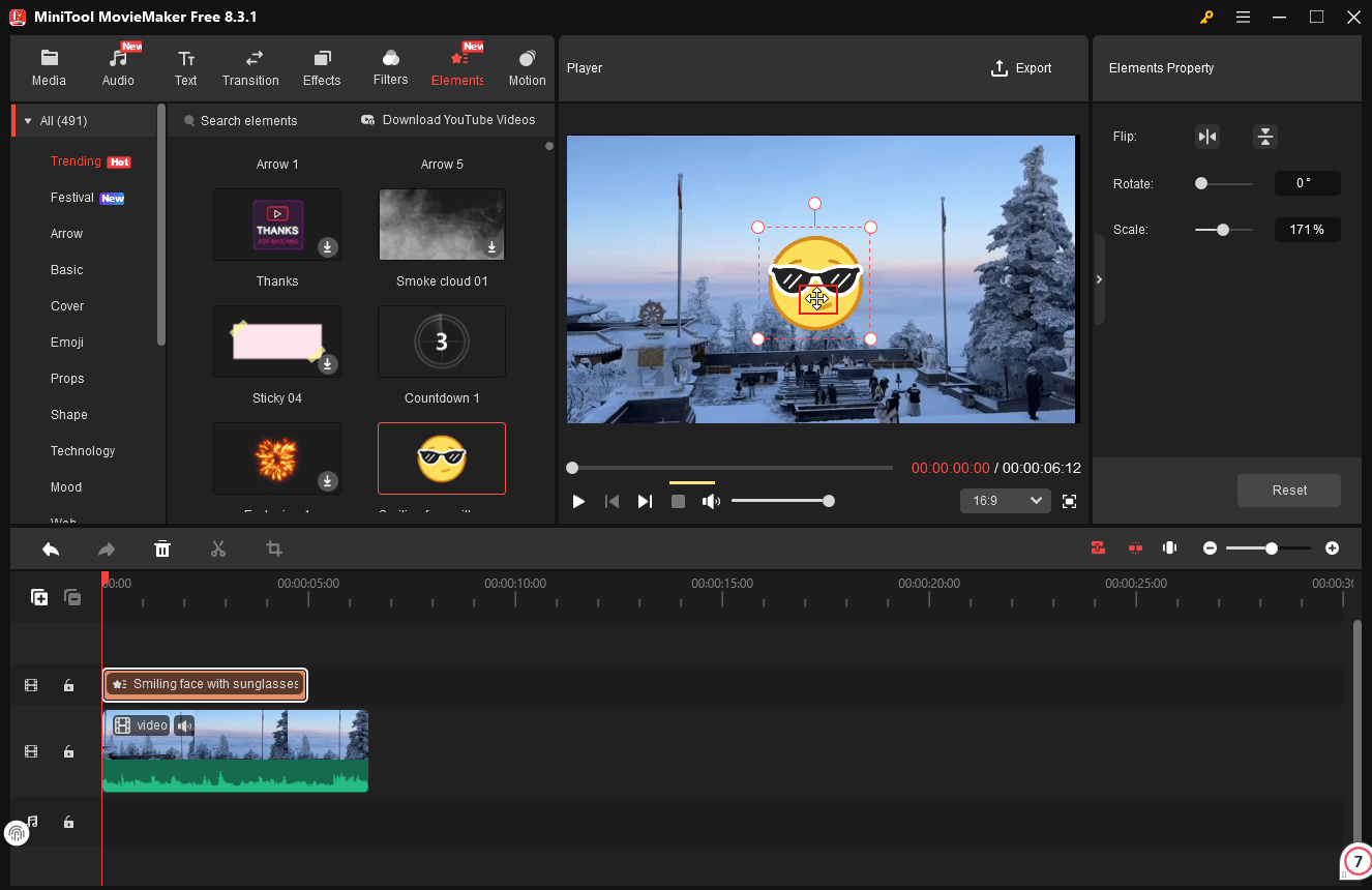 MiniTool MovieMakerで追加したステッカーの位置を調整する