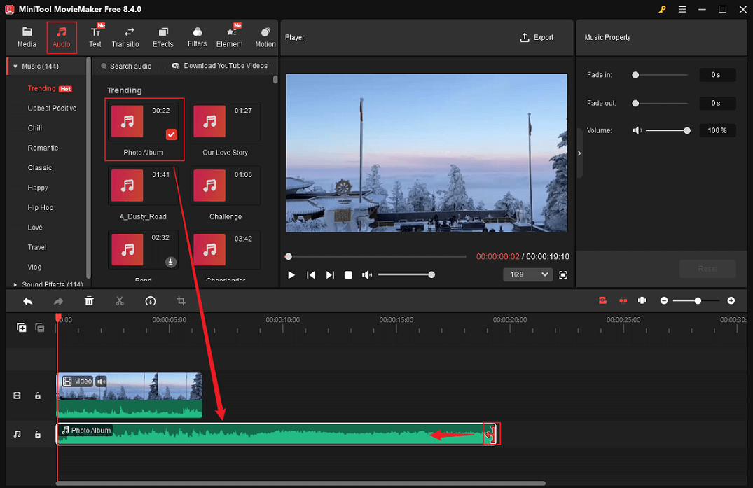 Add the desired music from the Audio section to the video and trim the audio to match the video duration in MiniTool MovieMaker