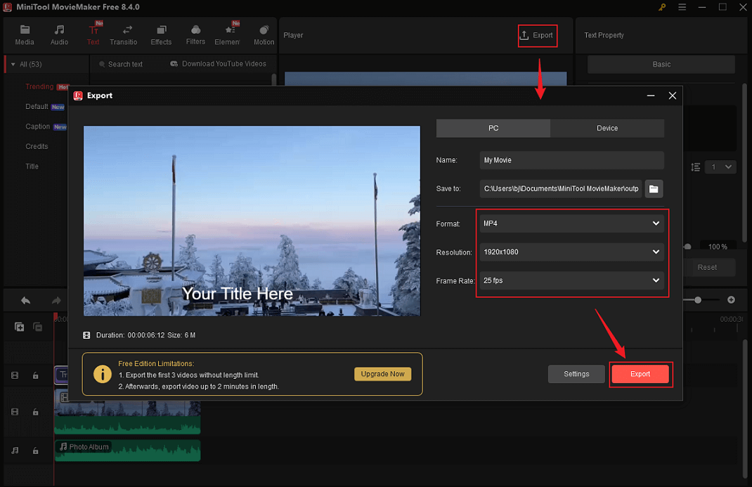 Configure the output parameters and click on the Export button in MiniTool MovieMaker’s Export window to export the video