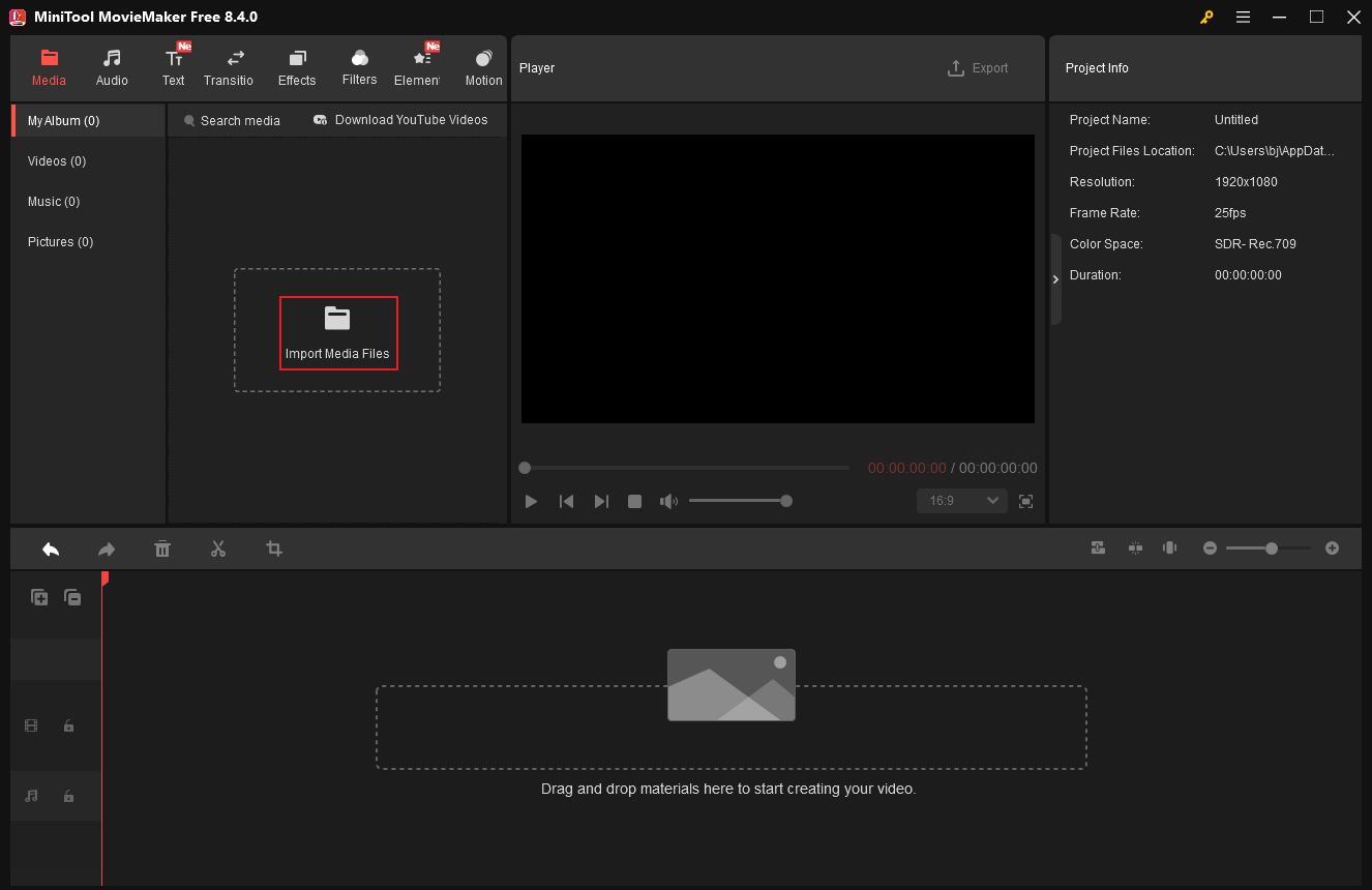 Click on the Import Media Files option in MiniTool MovieMaker to add the video you want to edit