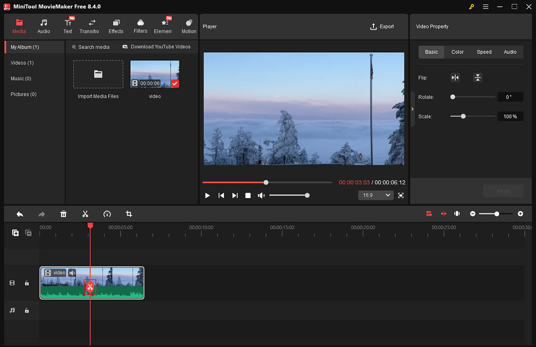 Drag the red playhead to the desired place and click the Scissors icon to split the video in MiniTool MovieMaker