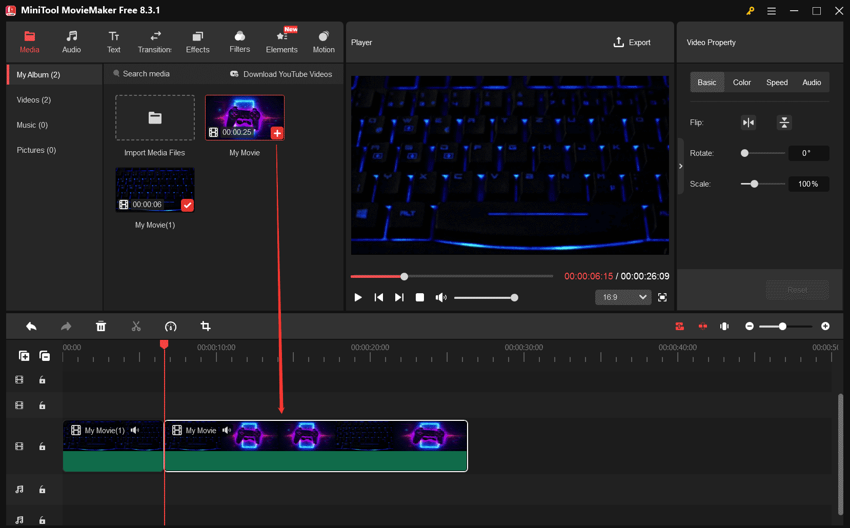 MiniTool MovieMakerで「Import Media Files」をクリックしてCall of Dutyの動画クリップをインポートし、動画トラックに一つずつドラッグ＆ドロップするか、クリップのプラス（＋）アイコンをクリックして動画トラックに追加