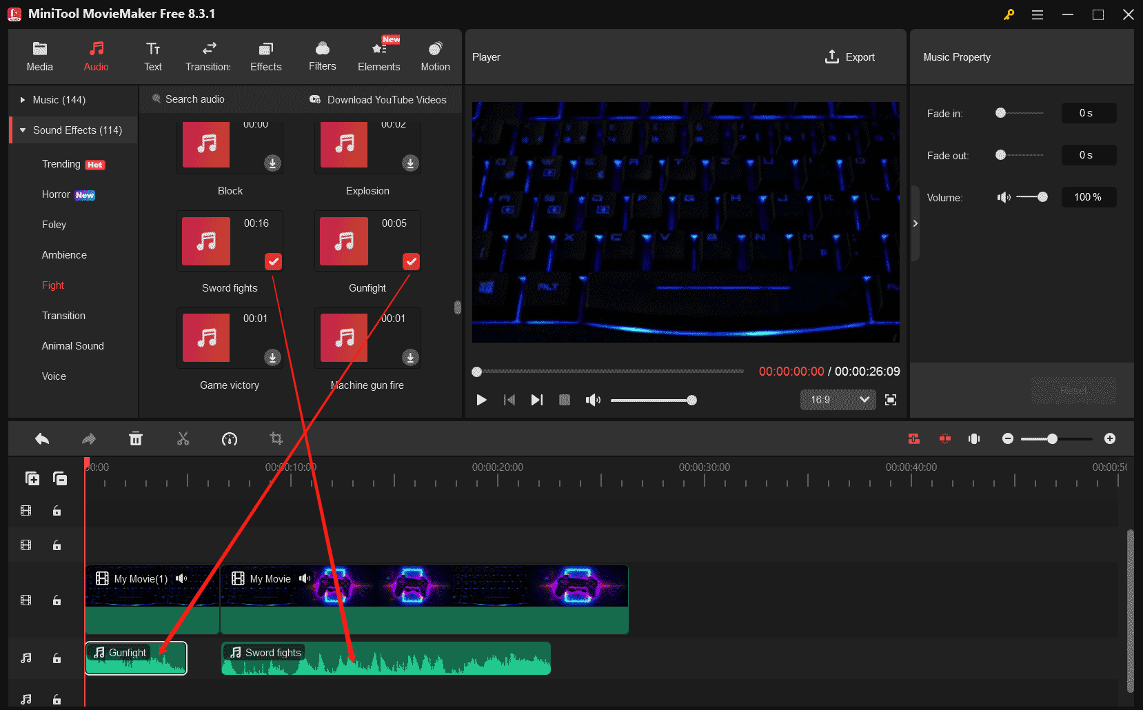 MiniTool MovieMakerで「Audio」>「Music」/「Sound Effect」のセクションに移動し、ダウンロードアイコンをクリックして音声を取得したら、タイムラインの音声トラックの適切な場所に追加