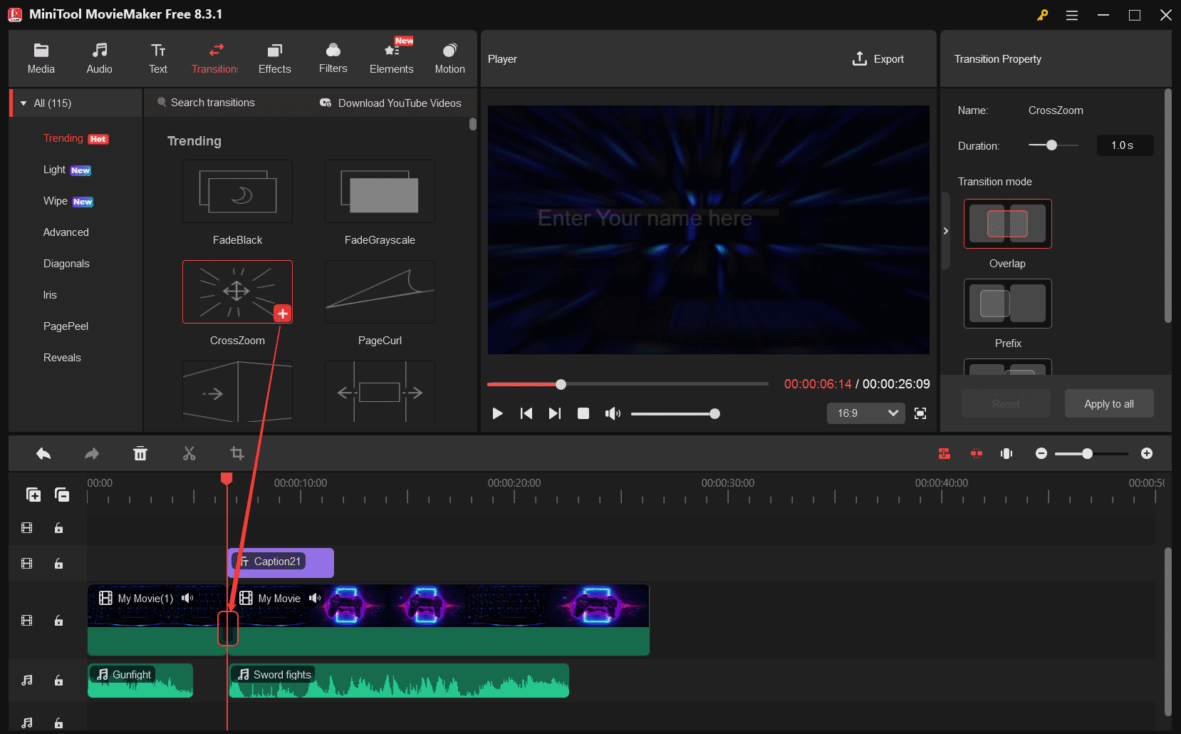 MiniTool MovieMakerの「Transitions」ライブラリからトランジションをダウンロードし、動画トラック上の2つの隣接する動画クリップの間にドラッグ＆ドロップ