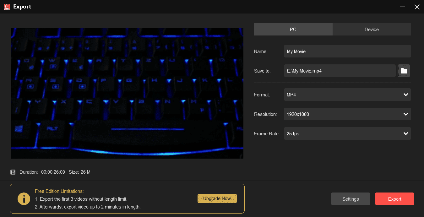 MiniTool MovieMakerで「Export」オプションをクリックし、必要な設定を構成して「Export」ボタンをクリックして編集したCall of Dutyモンタージュ動画をコンピューターに保存